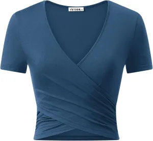 VETIOR Women's Sexy Deep V Neck Short Sleeve Unique Slim Fit Cross Wrap Shirts Crop Tops Going Out Tops