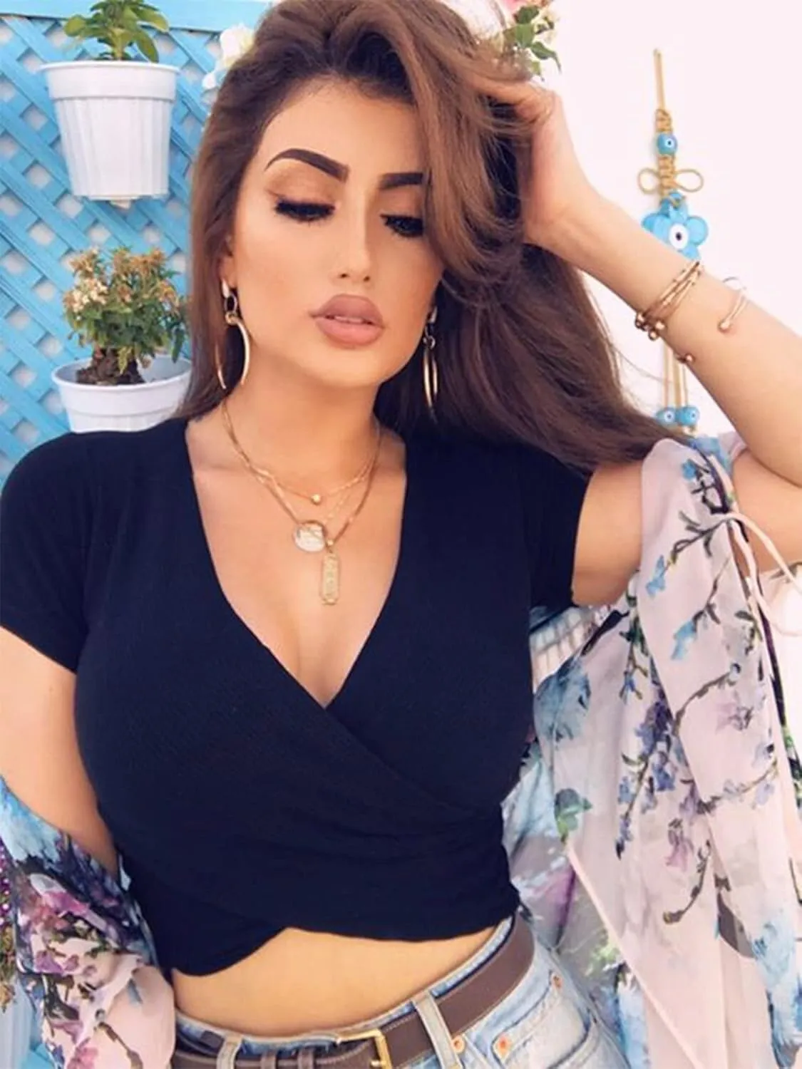 VETIOR Women's Sexy Deep V Neck Short Sleeve Unique Slim Fit Cross Wrap Shirts Crop Tops Going Out Tops