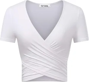 VETIOR Women's Sexy Deep V Neck Short Sleeve Unique Slim Fit Cross Wrap Shirts Crop Tops Going Out Tops