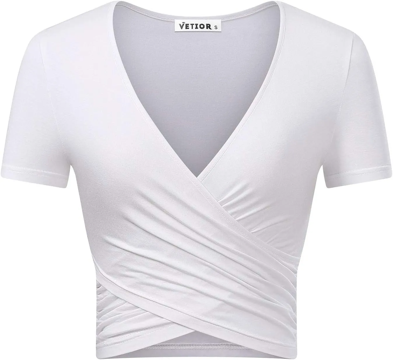 VETIOR Women's Sexy Deep V Neck Short Sleeve Unique Slim Fit Cross Wrap Shirts Crop Tops Going Out Tops