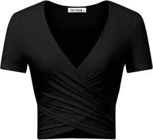 VETIOR Women's Sexy Deep V Neck Short Sleeve Unique Slim Fit Cross Wrap Shirts Crop Tops Going Out Tops