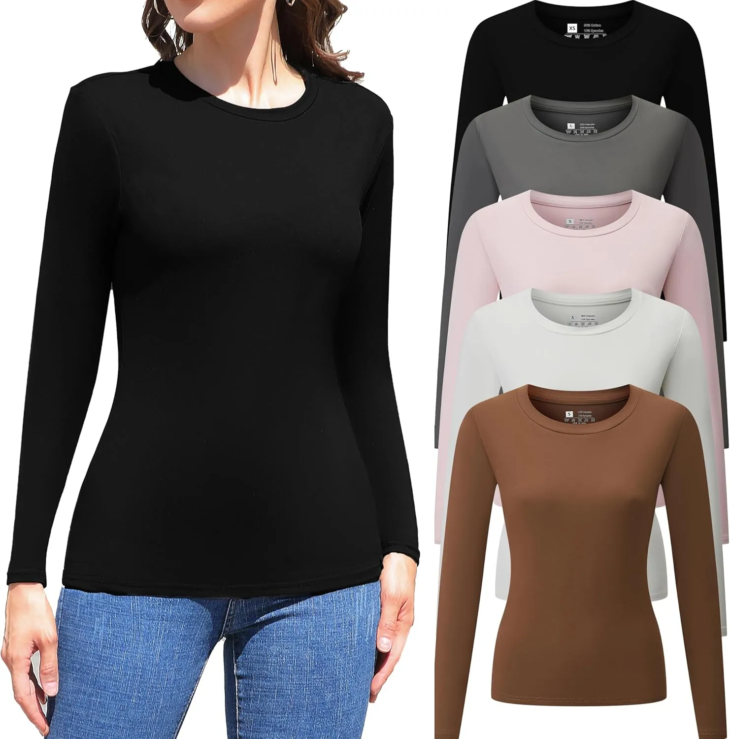 Vomidia 5 Piece Womens Crew Neck Long Sleeve Shirts Basic Tops Fall Fashion Layering Slim Fitted Y2k Tops