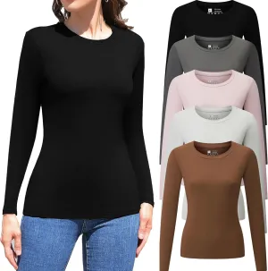 Vomidia 5 Piece Womens Crew Neck Long Sleeve Shirts Basic Tops Fall Fashion Layering Slim Fitted Y2k Tops