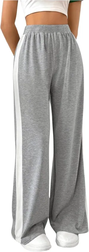 WDIRARA Women's Side Striped Elastic Waist Wide Leg Sweatpants Workout Athletic Long Pants