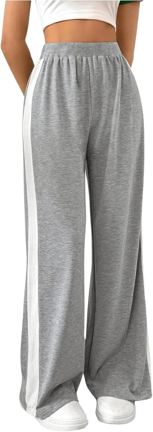 WDIRARA Women's Side Striped Elastic Waist Wide Leg Sweatpants Workout Athletic Long Pants
