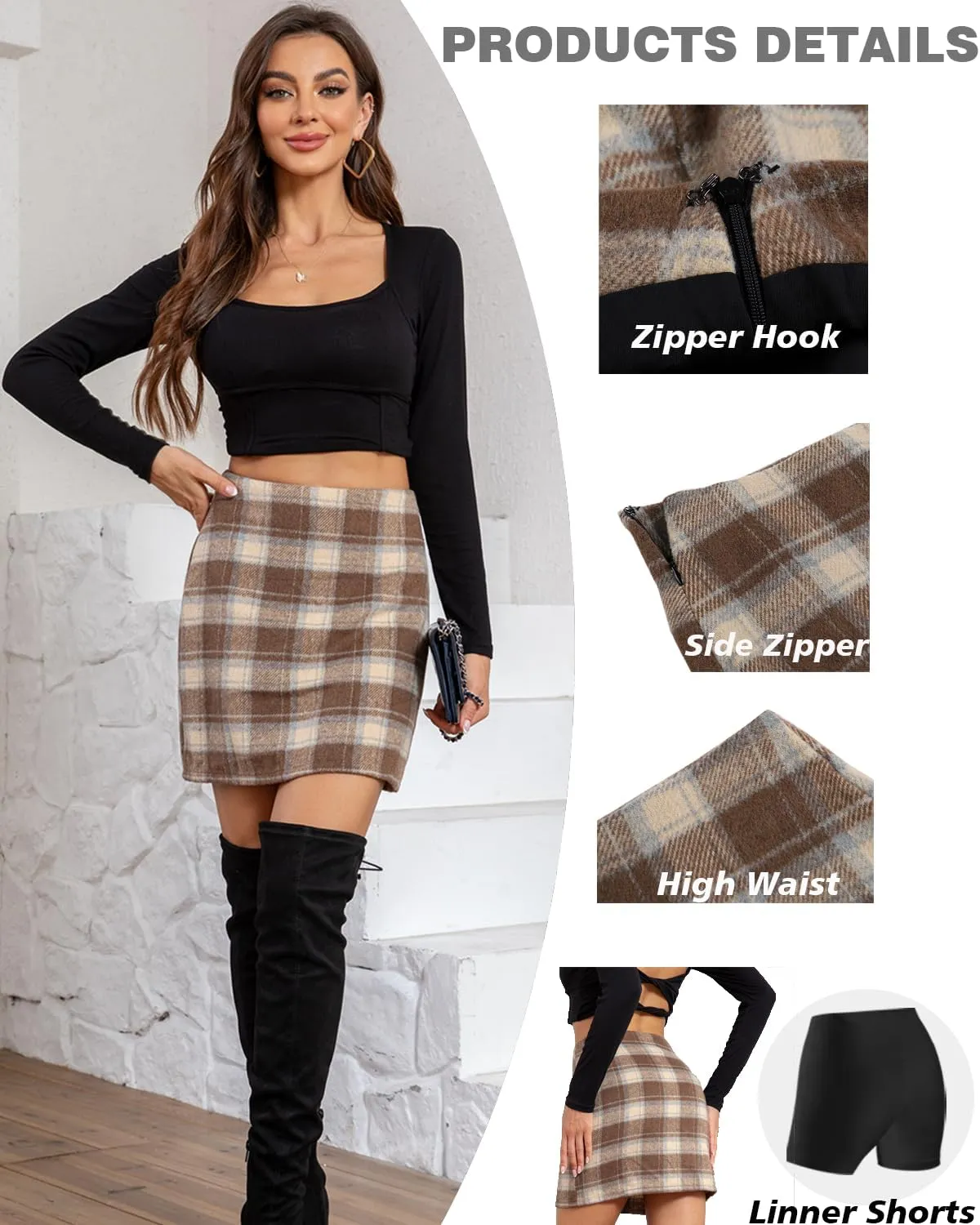 We1Fit Womens Plaid Skirts High Waist Wool Bodycon Pencil Mini Fall Skirt with Shorts