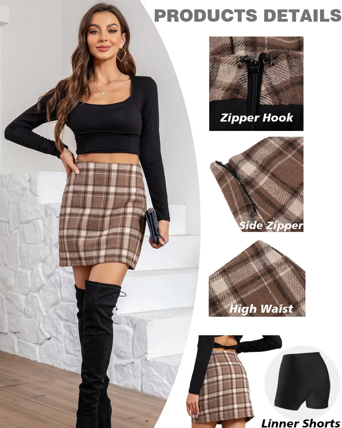 We1Fit Womens Plaid Skirts High Waist Wool Bodycon Pencil Mini Fall Skirt with Shorts