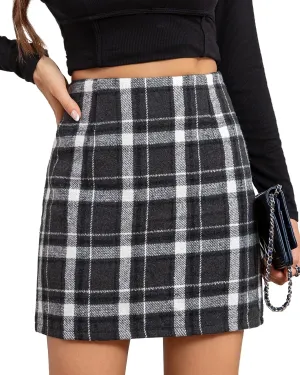 We1Fit Womens Plaid Skirts High Waist Wool Bodycon Pencil Mini Fall Skirt with Shorts