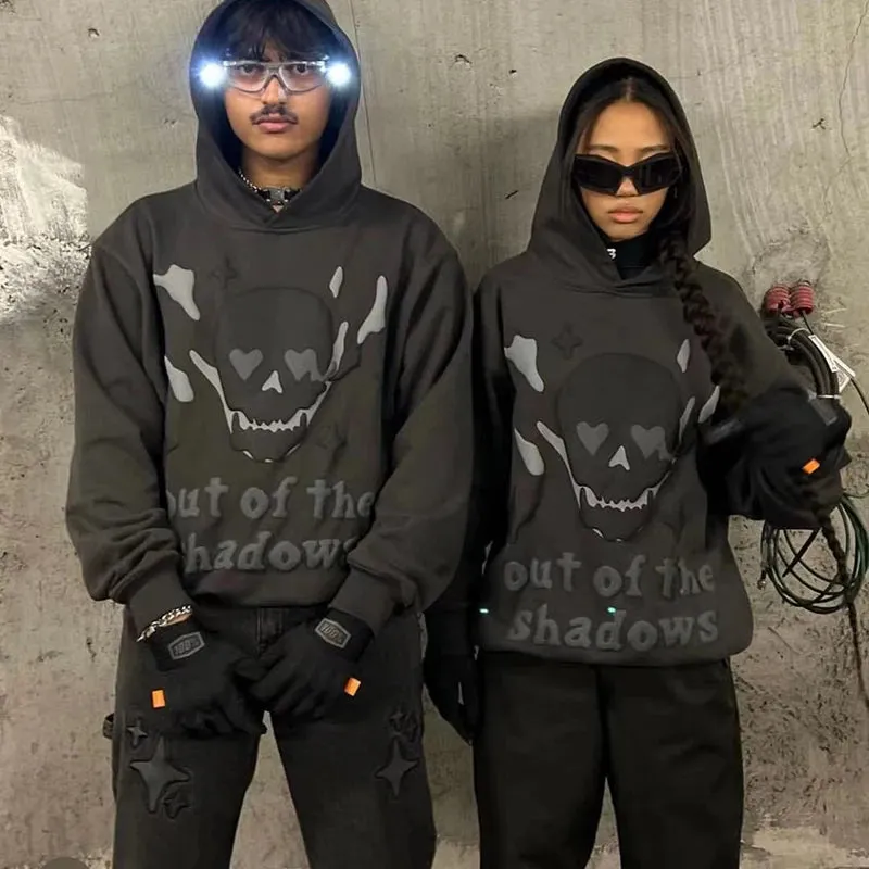 Wiaofellas Y2K Streetwear Vintage Flame Skeleton Broken Planet Foam Hooded Hoodies Unisex Stranger Things Pullover Fleece Men's Sweatshirts