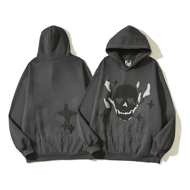 Wiaofellas Y2K Streetwear Vintage Flame Skeleton Broken Planet Foam Hooded Hoodies Unisex Stranger Things Pullover Fleece Men's Sweatshirts
