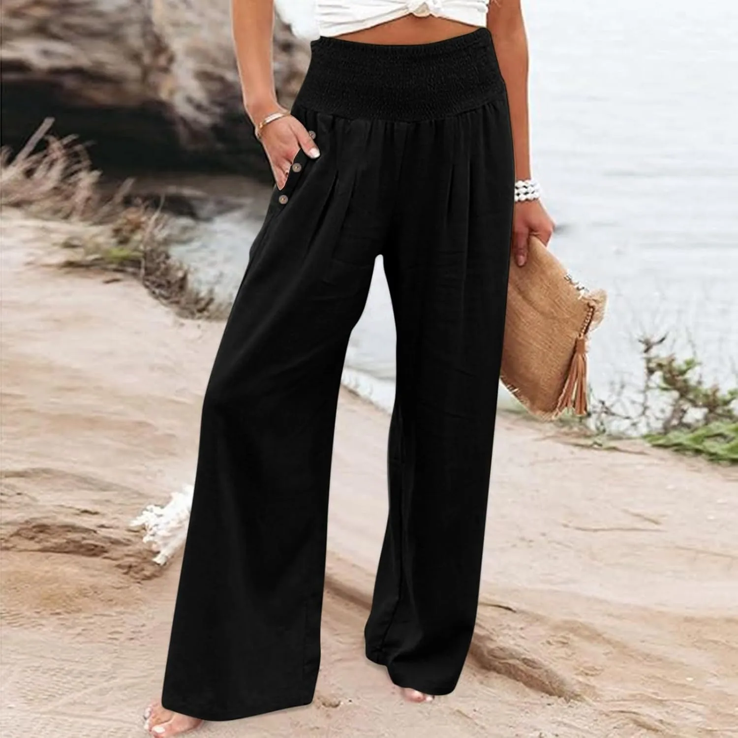 Women Cotton Linen Summer Boho Pants High Waist Straight Slim-Fit Pant Trousers Work Business