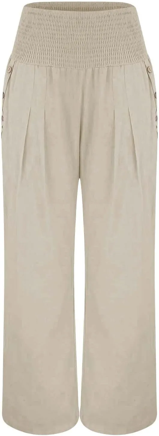 Women Cotton Linen Summer Boho Pants High Waist Straight Slim-Fit Pant Trousers Work Business