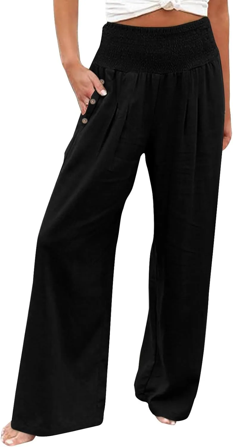 Women Cotton Linen Summer Boho Pants High Waist Straight Slim-Fit Pant Trousers Work Business