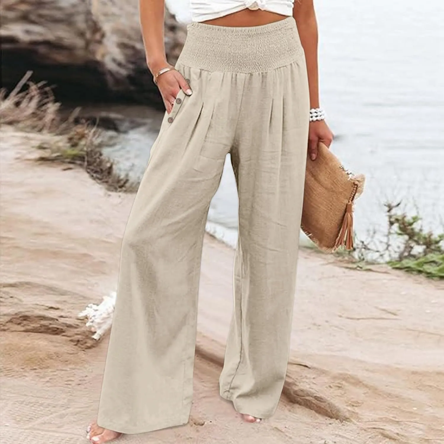 Women Cotton Linen Summer Boho Pants High Waist Straight Slim-Fit Pant Trousers Work Business