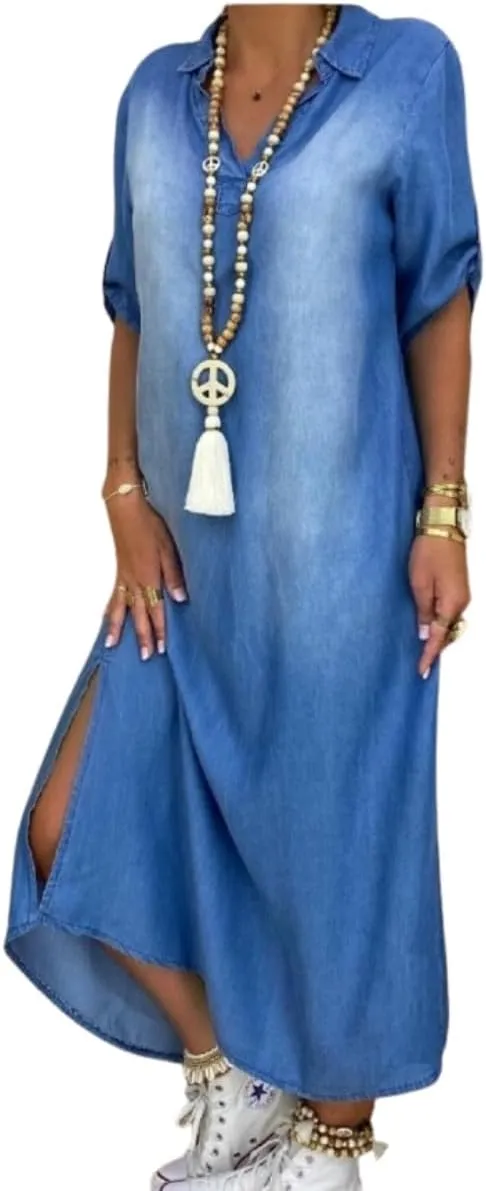 Women Denim Shirt Dress Summer Casual Loose Half Sleeve Classic Vintage Button Down Shirt Dresses with Pockets