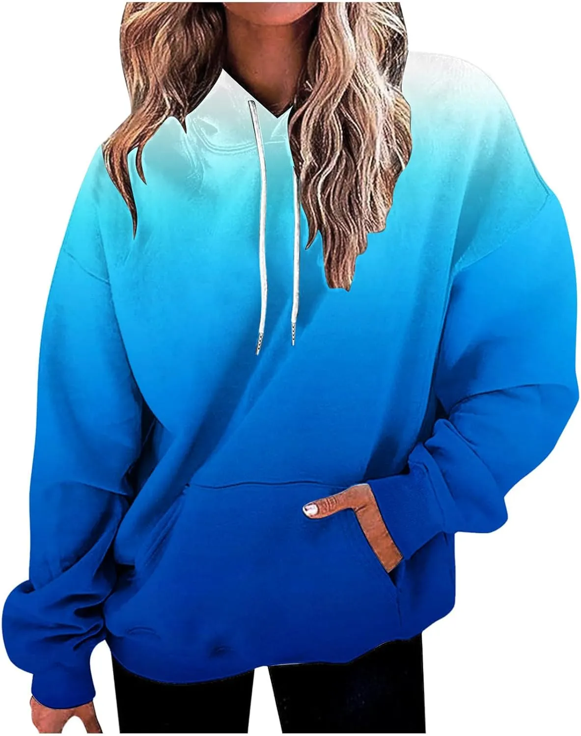 Women Hooded Sweatshirts Gradient Graphic Oversized Pullover Drawstraing Long Sleeve Trendy Sweater Tops with Pocket