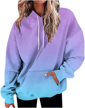 Women Hooded Sweatshirts Gradient Graphic Oversized Pullover Drawstraing Long Sleeve Trendy Sweater Tops with Pocket