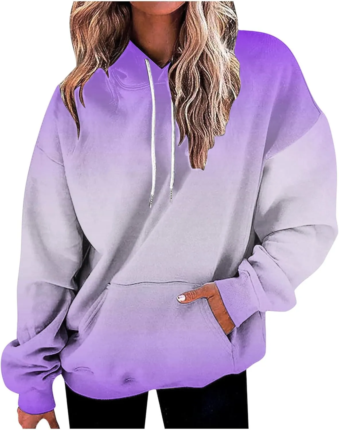 Women Hooded Sweatshirts Gradient Graphic Oversized Pullover Drawstraing Long Sleeve Trendy Sweater Tops with Pocket