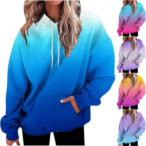 Women Hooded Sweatshirts Gradient Graphic Oversized Pullover Drawstraing Long Sleeve Trendy Sweater Tops with Pocket