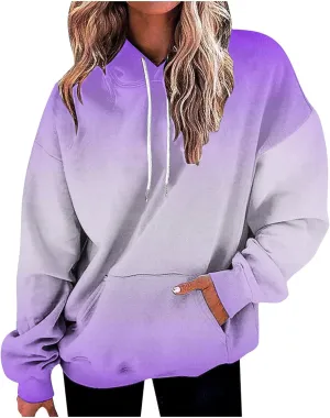 Women Hooded Sweatshirts Gradient Graphic Oversized Pullover Drawstraing Long Sleeve Trendy Sweater Tops with Pocket