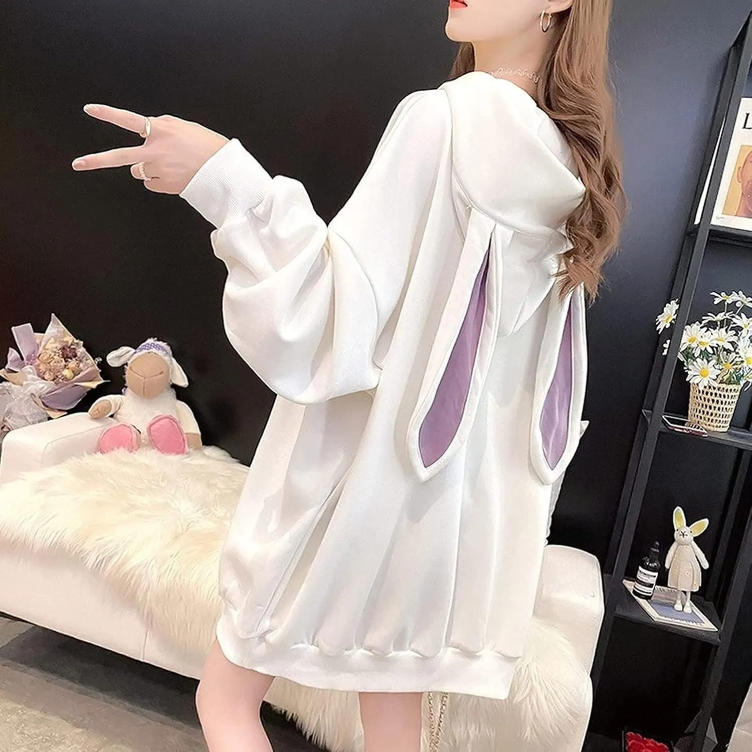 Women Kawaii Bunny Ear Hoodie Rabbit Aesthetic Cute Oversized Japanese Hooded Sweatshirt Long Sleeve Top Fall Winter