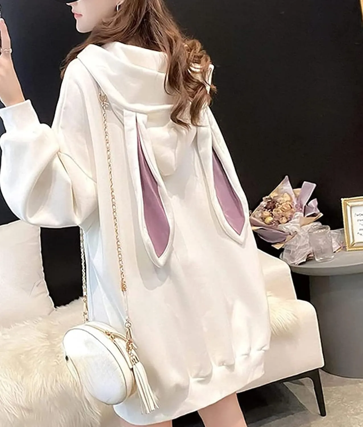 Women Kawaii Bunny Ear Hoodie Rabbit Aesthetic Cute Oversized Japanese Hooded Sweatshirt Long Sleeve Top Fall Winter
