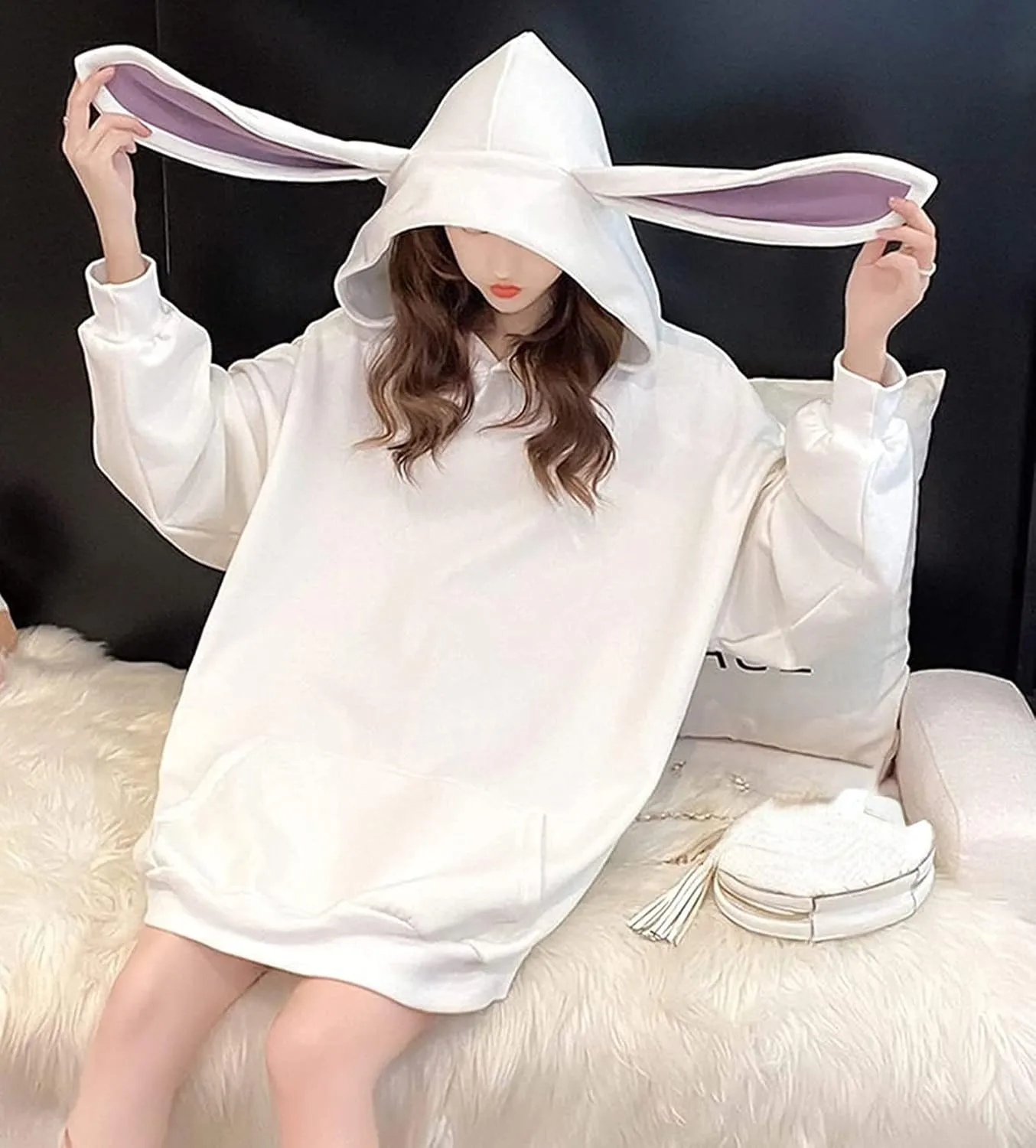 Women Kawaii Bunny Ear Hoodie Rabbit Aesthetic Cute Oversized Japanese Hooded Sweatshirt Long Sleeve Top Fall Winter