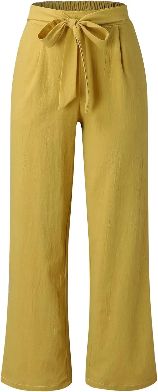 Women Linen Blend Summer Casual Loose Palazzo Pants High Waist Stretchy Slim-Fit Trouser Office
