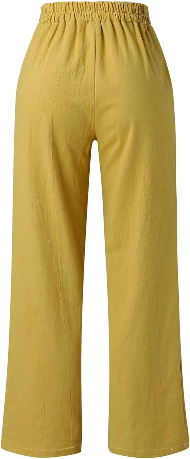 Women Linen Blend Summer Casual Loose Palazzo Pants High Waist Stretchy Slim-Fit Trouser Office