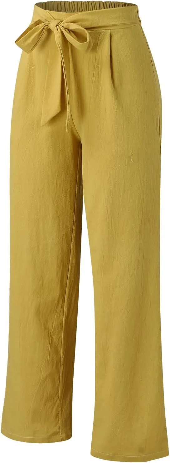 Women Linen Blend Summer Casual Loose Palazzo Pants High Waist Stretchy Slim-Fit Trouser Office