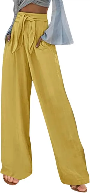 Women Linen Blend Summer Casual Loose Palazzo Pants High Waist Stretchy Slim-Fit Trouser Office