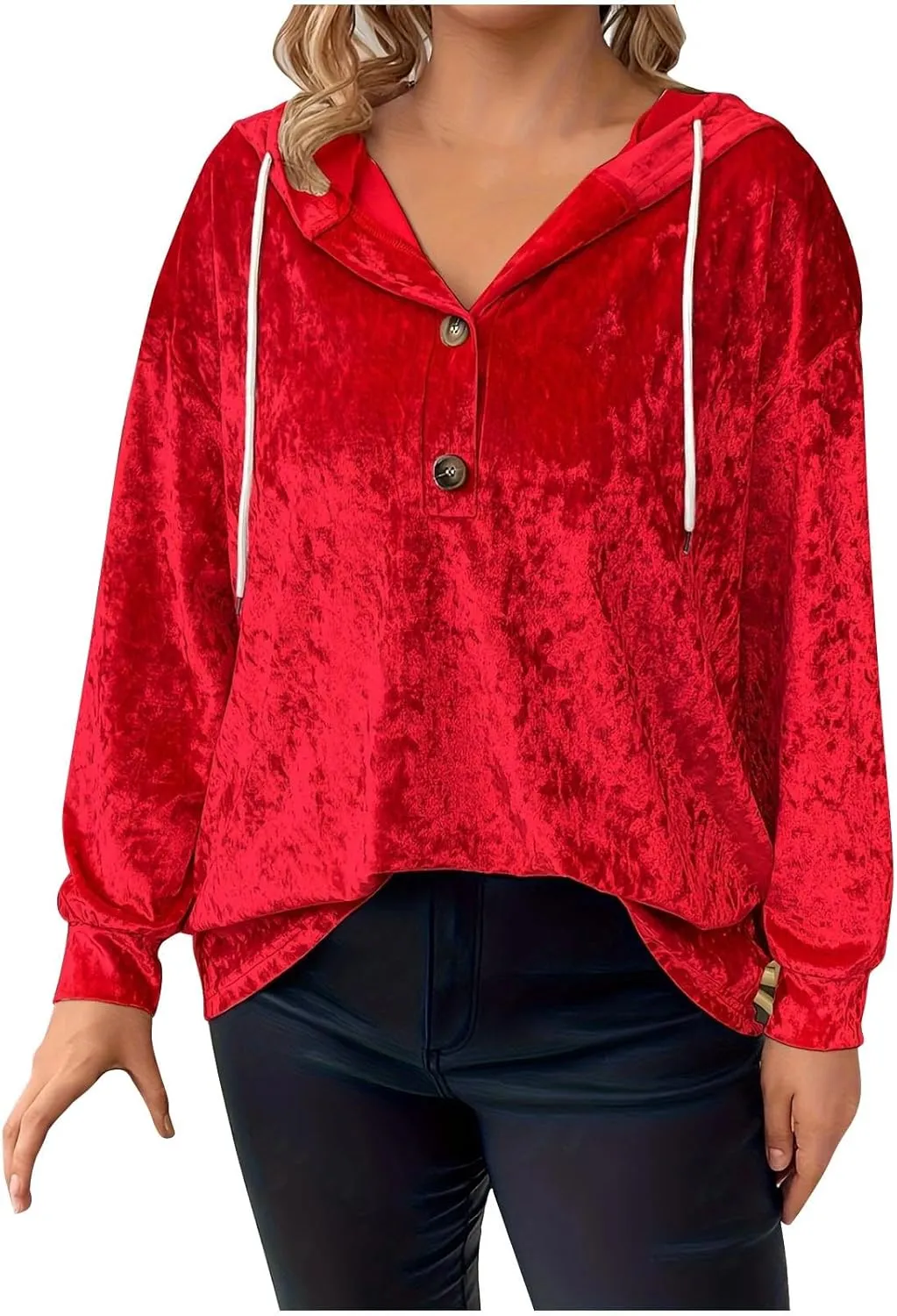 Women Oversized Velvet Hoodies Drawstring Hooded Henley Neck Sweatshirt Spring Fall Retro Casual Elegant Tunic Tops