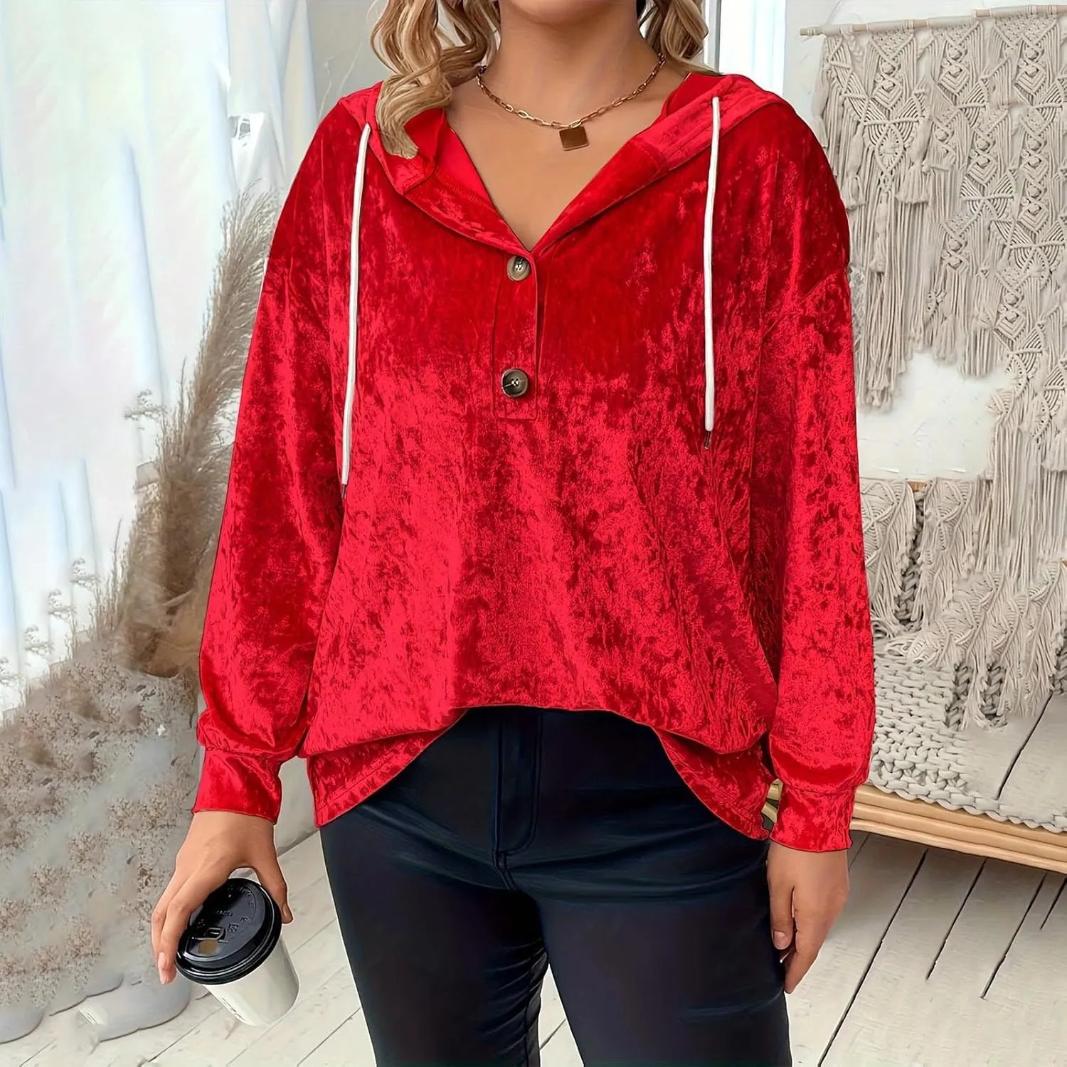 Women Oversized Velvet Hoodies Drawstring Hooded Henley Neck Sweatshirt Spring Fall Retro Casual Elegant Tunic Tops