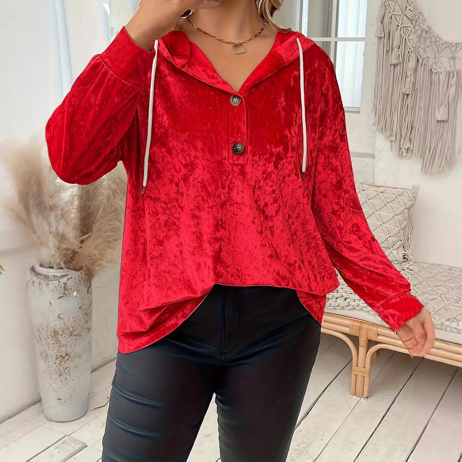 Women Oversized Velvet Hoodies Drawstring Hooded Henley Neck Sweatshirt Spring Fall Retro Casual Elegant Tunic Tops