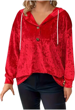 Women Oversized Velvet Hoodies Drawstring Hooded Henley Neck Sweatshirt Spring Fall Retro Casual Elegant Tunic Tops