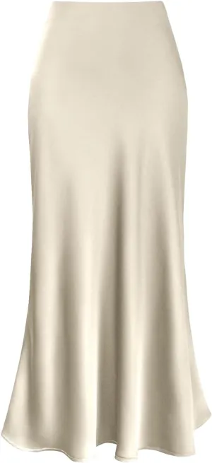 Women Satin Maxi Long Skirt Silk A Line Swing Midi Skirt Elegant Flowy Ruffle Pleated Cocktail Party Skirts