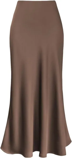 Women Satin Maxi Long Skirt Silk A Line Swing Midi Skirt Elegant Flowy Ruffle Pleated Cocktail Party Skirts