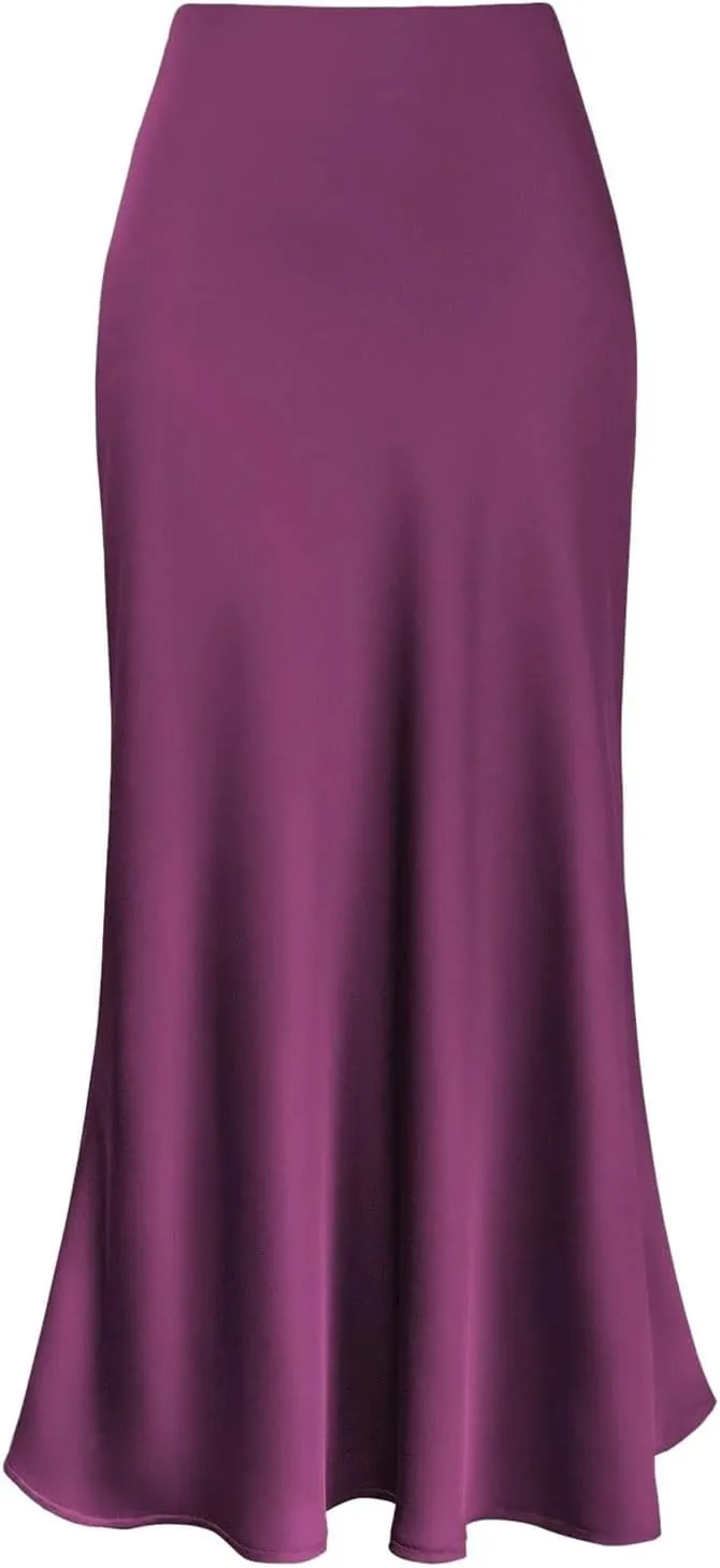 Women Satin Maxi Long Skirt Silk A Line Swing Midi Skirt Elegant Flowy Ruffle Pleated Cocktail Party Skirts