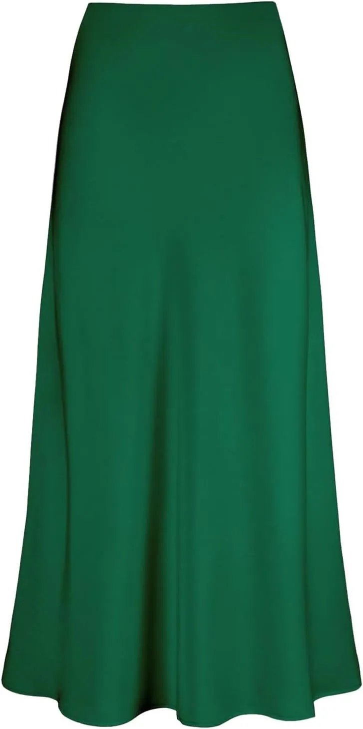 Women Satin Maxi Long Skirt Silk A Line Swing Midi Skirt Elegant Flowy Ruffle Pleated Cocktail Party Skirts