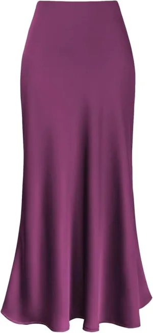 Women Satin Maxi Long Skirt Silk A Line Swing Midi Skirt Elegant Flowy Ruffle Pleated Cocktail Party Skirts