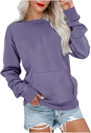 Women Solid Colors Crewneck Sweatshirts Long Sleeve Pullover Tops No Hood Cute Sweatshirt Comfort Sweaters 2024