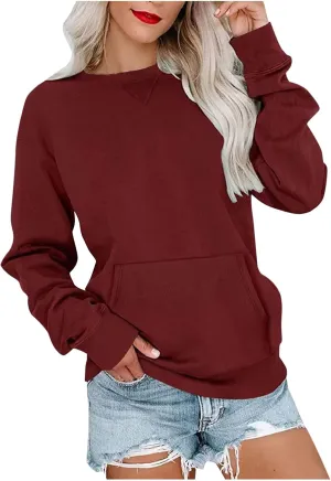 Women Solid Colors Crewneck Sweatshirts Long Sleeve Pullover Tops No Hood Cute Sweatshirt Comfort Sweaters 2024