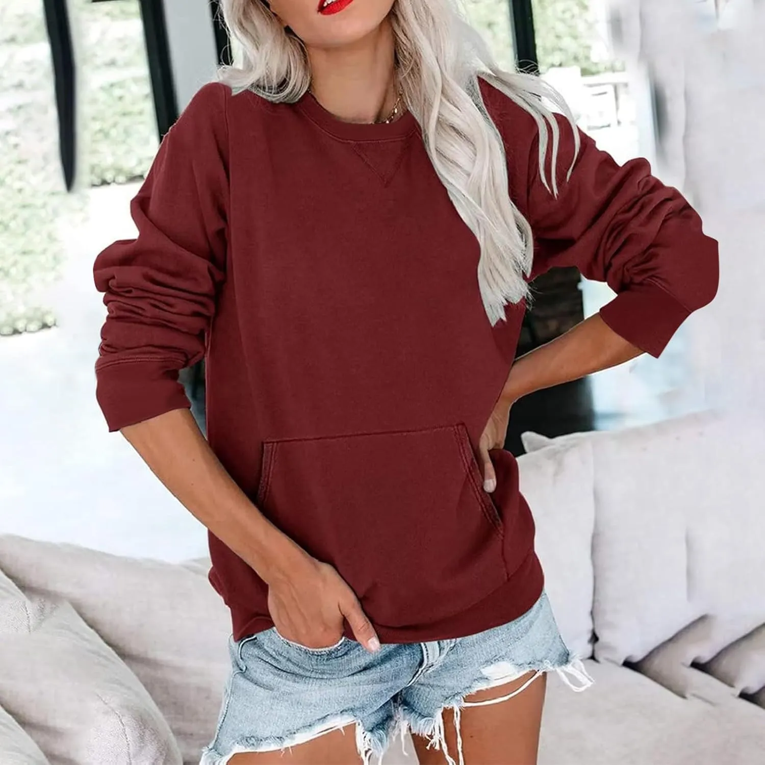 Women Solid Colors Crewneck Sweatshirts Long Sleeve Pullover Tops No Hood Cute Sweatshirt Comfort Sweaters 2024