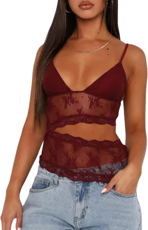 Women Y2k Cami Tank Tops Lace Plaid Tank Top V Neck Spaghetti Strap Floral Print Going Out Camisoles