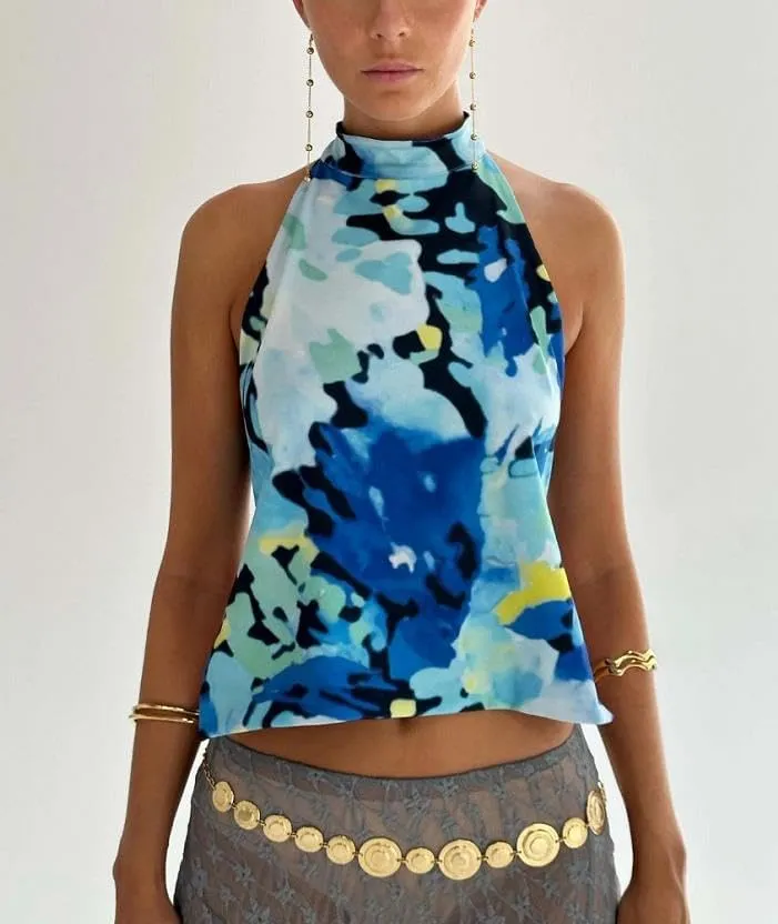Women Y2k Halter Tank Top Floral Print Summer Going Out Crop Tops Sexy Open Back Boho Beach Camisoles