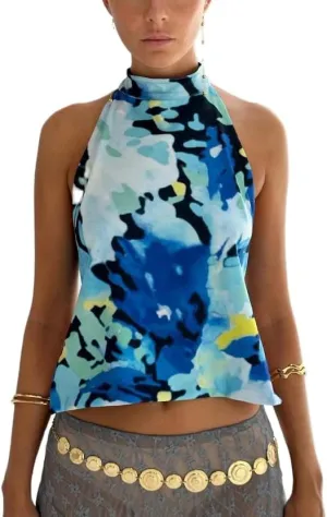 Women Y2k Halter Tank Top Floral Print Summer Going Out Crop Tops Sexy Open Back Boho Beach Camisoles