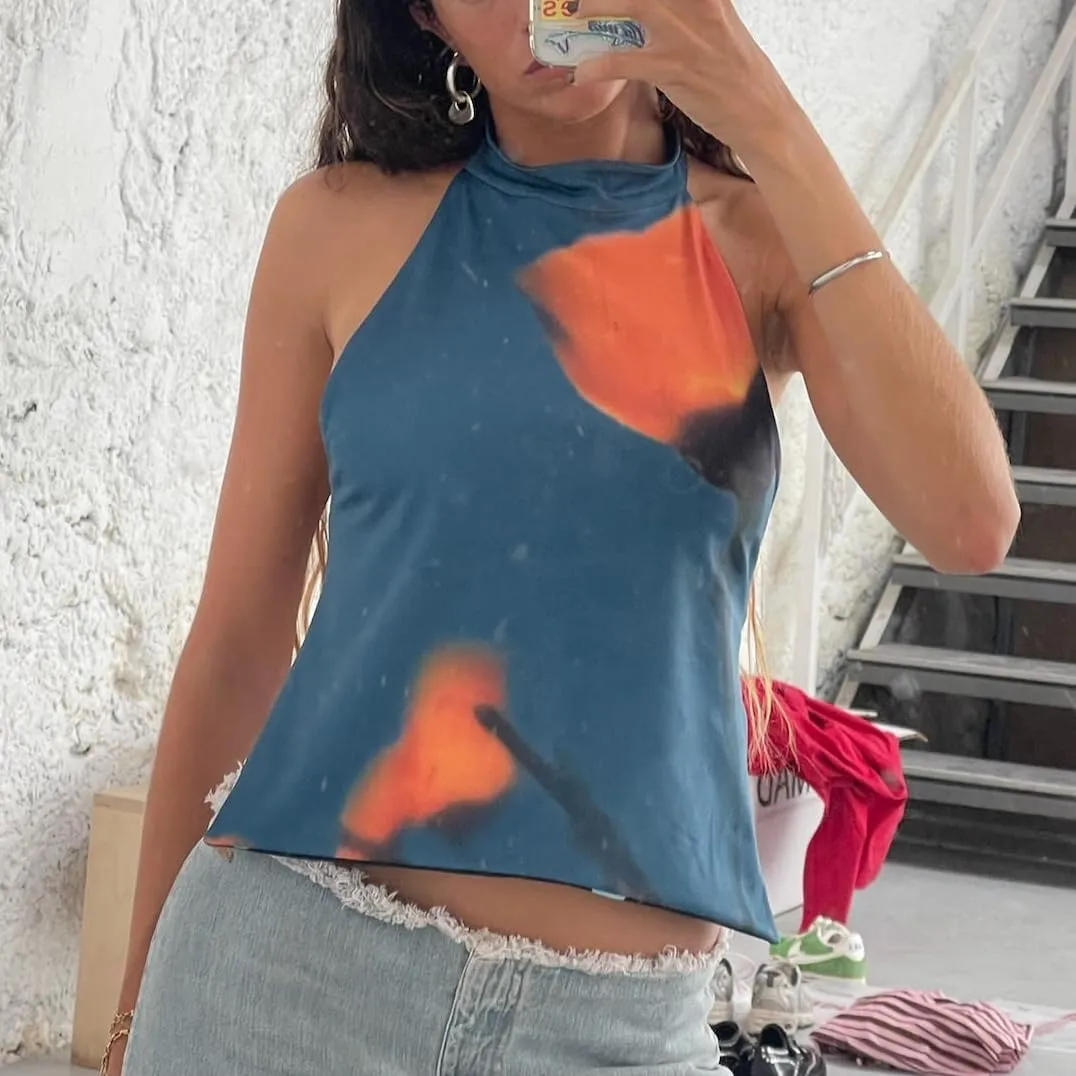 Women Y2k Halter Tank Top Floral Print Summer Going Out Crop Tops Sexy Open Back Boho Beach Camisoles