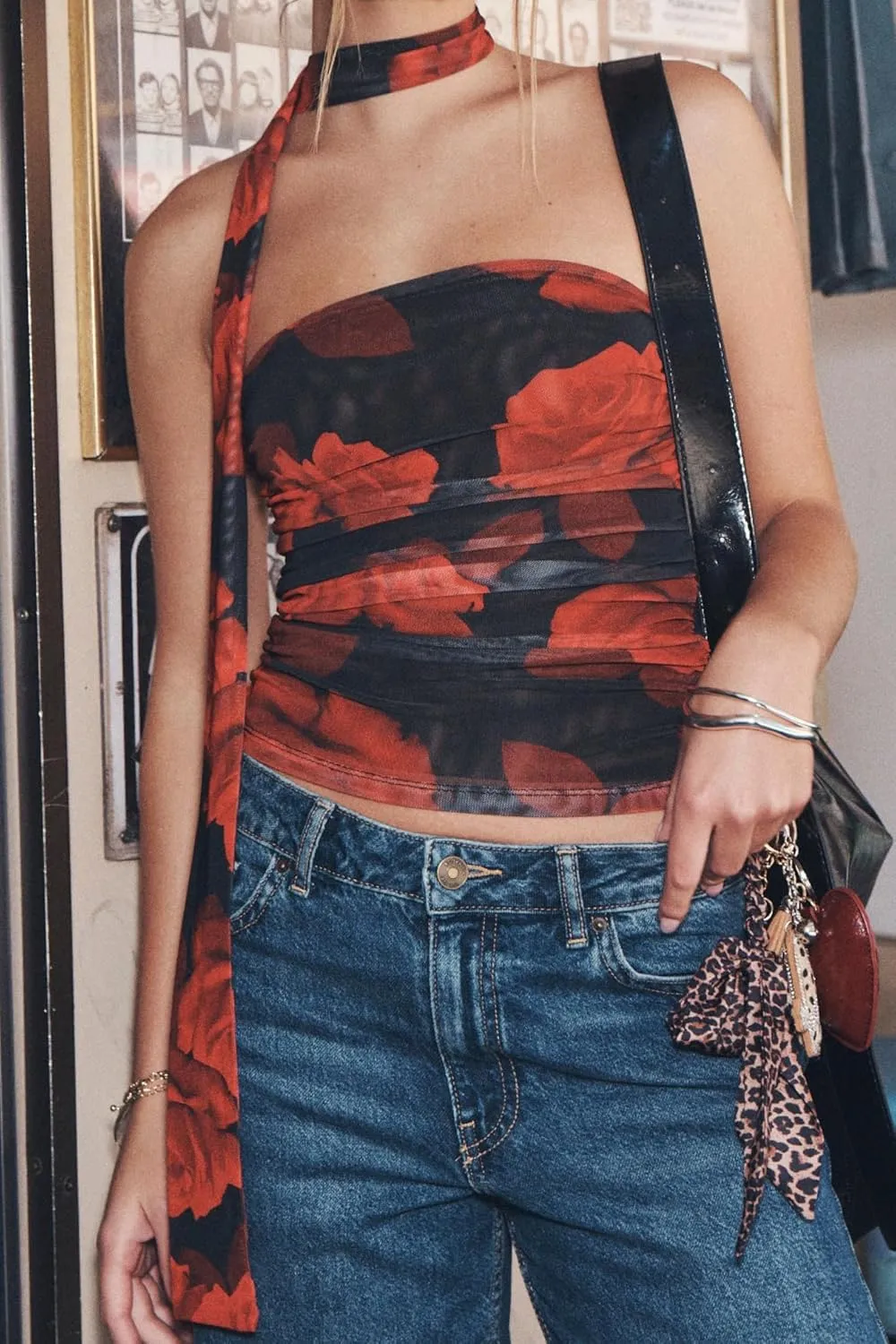 Women Y2k Tube Top Summer Mesh Floral Bandeau Crop Tops Sleeveless Strapless Ruched Going Out Tops with Scarf