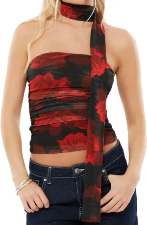 Women Y2k Tube Top Summer Mesh Floral Bandeau Crop Tops Sleeveless Strapless Ruched Going Out Tops with Scarf