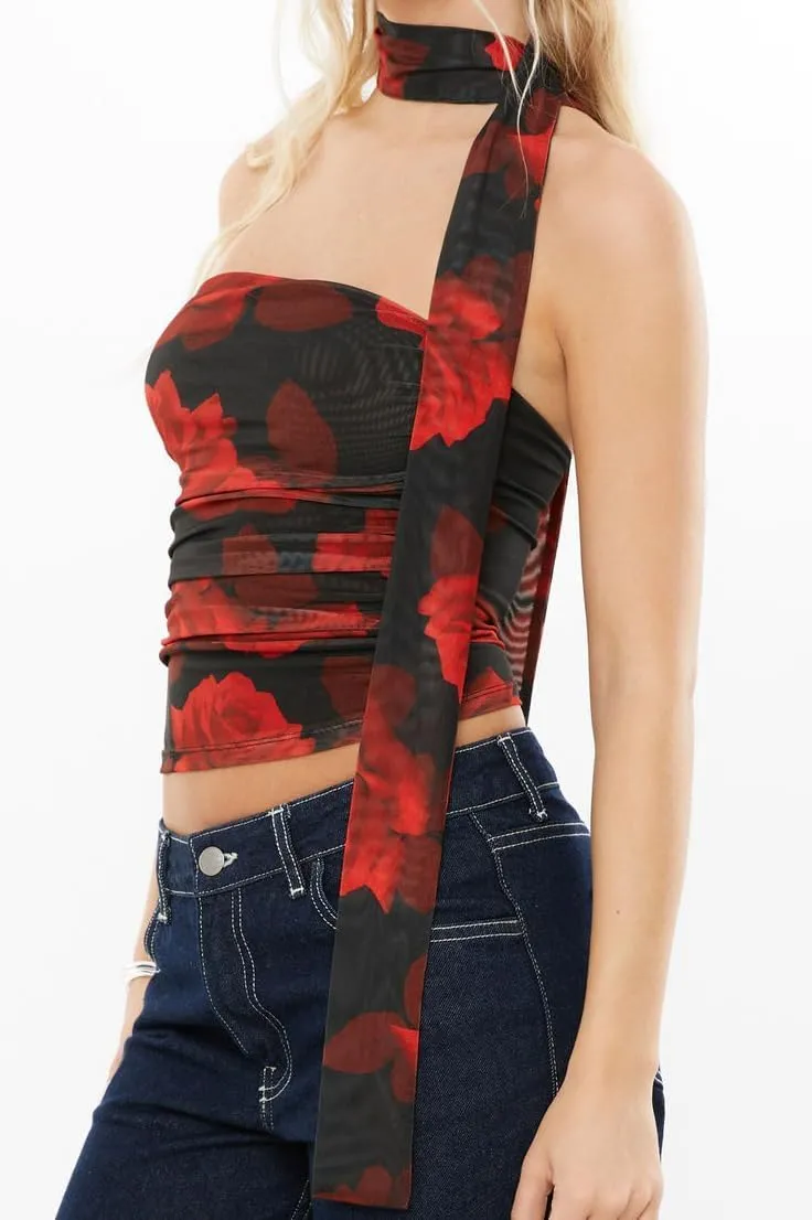 Women Y2k Tube Top Summer Mesh Floral Bandeau Crop Tops Sleeveless Strapless Ruched Going Out Tops with Scarf